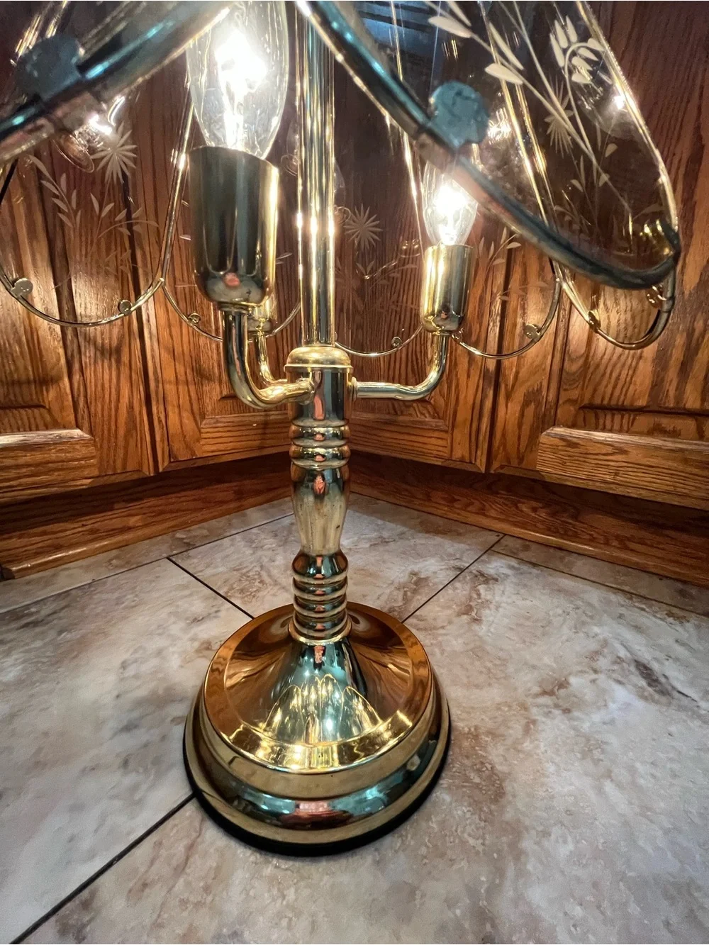 Brass Glass Etched Table Touch Lamp - Gold Finish